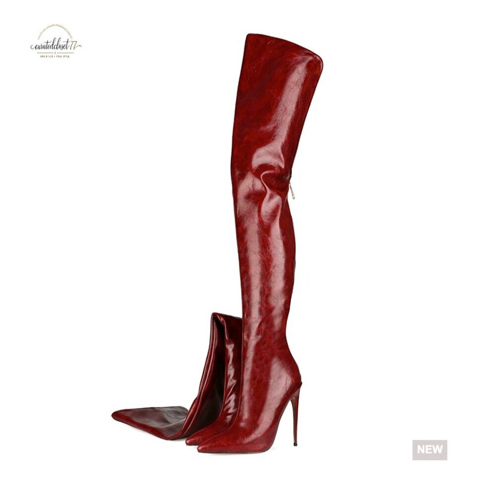 Women's Knee-High Boots Pointed Toe Stiletto Heel Back Zipper PU Leather